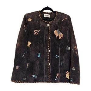 Vtg CHAR Santa Fe Brown Suede Western Native Ethnic Tribal Shiny Painted Jacket